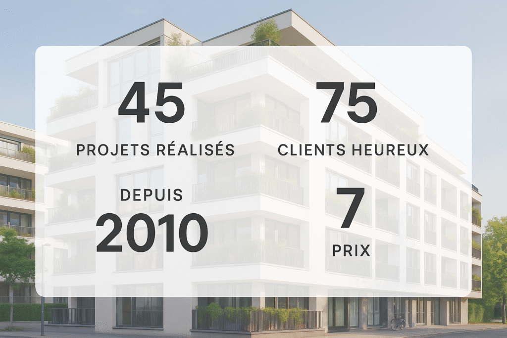 Infographie professionnelle affichant les statistiques clés d'un studio d'architecture sur une photo de maison moderne en arrière-plan, incluant 45 projets réalisés, 75 clients satisfaits, depuis 2010, et 7 prix